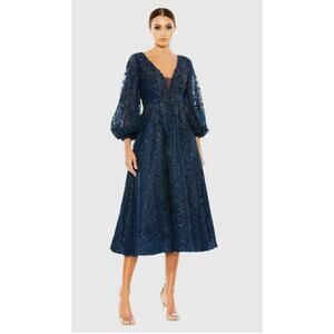 MAC DUGGAL Navy Embellished Plunge Neck Bishop Sleeve Dress NWT $498 Sz 8